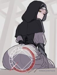 1girls artist_request ass big_ass big_butt clothed elden_ring elden_ring_nightreign fromsoftware hantachi hood large_ass large_butt nun nun's_habit nun_outfit sitting undertaker_(nightreign) yellow_eyes