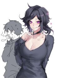 ... 1boy :q andrew_graves arm_behind_back ashley_graves big_breasts bite_mark black_choker black_hair black_sweater blush breasts brother_and_sister bruise bruise_on_neck choker cigarette cleavage cleavage_cutout closed_mouth clothing_cutout collarbone female hand_up highres holding holding_cigarette injury large_breasts looking_at_viewer medium_hair purple_eyes semi_incest short_hair siblings simple_background smoke smoking speech_bubble suggestive suggestive_look sweat sweater the_coffin_of_andy_and_leyley third-party_source tongue tongue_out upper_body white_background xttpb
