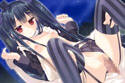 1boy artist_request black_hair black_panties black_shirt censored female flower_knight_girl game_cg hair happy_sex hat headgear leg_grab long_hair mini_hat mini_top_hat mosaic_censoring night nipples official_art open_clothes open_shirt panties panties_aside penetration penis red_eyes sex shirt small_breasts smile solo_focus straight striped striped_legwear thigh_strap thighhighs tied_hair top_hat torikabuto_(flower_knight_girl) twintails underwear vaginal_penetration vertical-striped_legwear vertical_stripes