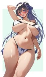 absurdres akihiro0920 arm_behind_head bikini black_hair blue_eyes blush border bow bow_bikini breasts breasts_apart commentary_request cowboy_shot female green_background highres huge_breasts long_hair looking_at_viewer maid maid_bikini mei_(mugen_gacha) mugen_gacha navel open_mouth outside_border smile solo swimsuit teeth unconventional_maid upper_teeth_only white_bikini white_border