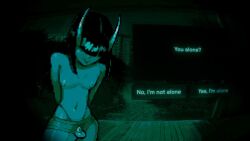 1boy 1femboy angry_peach_(character) angrypeach0 balls chastity_cage crossdressing dark_background demon demon_boy demon_girl demon_horns denim denim_shorts dialogue femboy flat_chastity_cage gay horror incubus night night_sky no,_i'm_not_a_human no,_i'm_not_a_human_(meme) pixel_art public public_nudity scar short_hair shorts sissy solo thong topless trap unzipped
