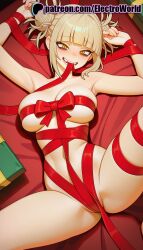 1girls 2025 ai_generated artist_name blonde_hair blunt_bangs boku_no_hero_academia breasts bust chest double_bun electroworld fangs female gift half-closed_eyes hi_res high_quality high_resolution highres himiko_toga legs_apart legs_spread messy_hair my_hero_academia naked_ribbon open_legs patreon patreon_username red_ribbon ribbon solo splayed_legs spread_legs stable_diffusion toga_himiko watermark yellow_eyes