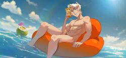 abs blue_eyes blue_sky blush_blush clouds coconut_drink floatie game_cg gay holding_phone looking_at_viewer male_focus male_only naked_male nipples outdoors penis precum_leak pubic_hair smiling solo_male sven_(blush_blush) toned_body water white_hair yaoi