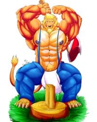 1boy 5_toes anthro armpit_hair armpits arms_above_head axe baconking barefoot beard belly blonde_hair brown_eyes bulge clothed clothing cum erection facial_hair facial_piercing feline flexing grass hair hairy holding_object lion looking_at_viewer lumberjack male male_only mammal manly mature_male melee_weapon muscular muscular_male nipples nose_piercing overalls pants pecs piercing pose precum pubes simple_background smile solo spread_legs spreading sweat toes topless underwear weapon wood work