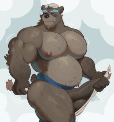 anthro balls bear big_balls big_penis blush bodily_fluids brown_body brown_fur closed_eyes drying fleshformomo foreskin fur genitals hi_res league_of_legends male mammal mouth_closed musclegut muscular muscular_anthro muscular_male musk pecs penis riot_games simple_background solo solo_male sweat tencent towel vein veiny_penis volibear