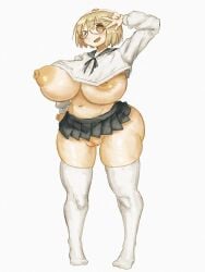 1girls artist_request ass_hanging_out ass_hanging_out_of_skirt big_breasts blonde_hair breasts egg glasses huge_breasts majime_yamashita nipples pussy school_uniform shimeji_simulation smile smiling solo source_request thick_thighs voluptuous wide_hips