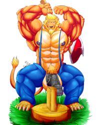 1boy 5_toes animal_genitalia anthro armpit_hair armpits arms_above_head axe baconking balls barefoot beard belly big_penis blonde_hair brown_eyes clothed clothing cum erection facial_hair facial_piercing feline flexing grass hair hairy holding_object huge_cock humanoid_penis lion looking_at_viewer lumberjack male male_only mammal manly mature_male melee_weapon muscular muscular_male nipples nose_piercing nude overalls pants partially_retracted_foreskin pecs penis piercing pose precum pubes simple_background smile solo spread_legs spreading sweat thick_penis toes topless uncut vein veiny_penis weapon wood work