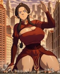 1girls ai_generated avatar_the_last_airbender big_breasts breasts city clothed clothed_female dark-skinned_female dark_skin female female_focus female_only fire_nation fire_nation_clothing giantess giga_giantess katara large_boobs large_breasts memesrus1234 nickelodeon nicktoons solo solo_female solo_focus thick_thighs thighs
