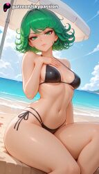 1girls 2025 ai_assisted ai_generated anime artist_name beach beach_umbrella bikini black_bikini blue_sky breasts bust cloud explicit green_eyes green_hair hi_res high_quality high_resolution highres looking_at_viewer one-punch_man patreon patreon_username shore short_hair sky skypassion solo stable_diffusion swimsuit tatsumaki water watermark