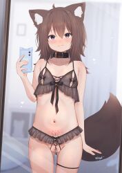 absurdres animal_ear_fluff animal_ears artist_name bell belt_collar black_bra black_collar black_panties blurry blurry_background blush bra breasts brown_hair cellphone closed_mouth collar collarbone commentary_request cowboy_shot crotchless crotchless_panties female fox_ears fox_girl fox_tail groin highres hinata_(user_rjkt4745) holding holding_phone jingle_bell lingerie long_hair looking_at_viewer mirror mirror_selfie navel nipples original paid_reward_available panties pearl_thong phone pubic_tattoo purple_eyes reflection reflection_focus selfie signature small_breasts smartphone smartphone_case solo tail tattoo thigh_strap underwear wavy_mouth