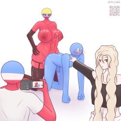 avinia_(countryhumans) blonde_hair blue_body blue_eyes blue_skin blush blush_lines boy breasts camera clothing cock countryhumans countryhumans_girl cum cum_drip cum_on_body cumshot deffikkk dick dickgirl female futanari girl gloves human looking_at_viewer male nipples no_face nude nude_futa nude_male oc oiled oiled_body oiled_skin on_knees original original_character original_characters penis red_body red_skin request stockings topwear veiny_penis women yellow_eyes