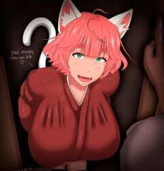 1boy 1girls 3d :d animal_ears big_breasts breasts cat_ears cat_girl cat_tail dark-skinned_male dark_skin dialogue english_text green_eyes heart hi_res high_resolution highres huge_breasts kimono looking_at_viewer married_female mature mature_female milf open_mouth open_smile original pink_hair pov tail tama_(vyrus_smith) text vyrus_smith