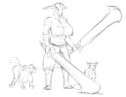 1girls animal_tail big_breasts breasts busty_feral canid canine canis capra_demon dark_souls dark_souls_(series) demon demon_girl demon_horns feral fromsoftware holding_weapon horns huge_boobs huge_breasts monochrome pax_galactica sagging_breasts sword swords tail