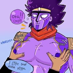 :3 :3_face big_breasts big_hands buff cute_face hands_on_breasts jiggle jiggling_breasts jotaro_kujo male_only muscular_breasts muscular_male nipples ora purple_body purple_skin squeeze squeezing_breasts standcest star_platinum stardust_crusaders