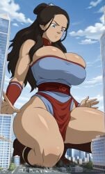 1girls ai_generated avatar_the_last_airbender big_breasts breasts city clothed clothed_female dark-skinned_female dark_skin female female_focus female_only fire_nation fire_nation_clothing giantess katara large_boobs large_breasts memesrus1234 nickelodeon nicktoons solo solo_female solo_focus thick_thighs thighs