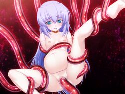 android aqua_eyes arms_behind_back barefoot blush breasts censored collar female flat_chest game_cg inflation leg_lift leg_up long_hair lulu_(venus_blood) navel nipples nude open_mouth pregnant purple_hair pussy restrained solo spread_legs stomach_bulge tentacle tentacle_pregnancy tongue venus_blood venus_blood:_gaia