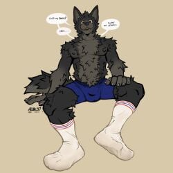 1:1 2025 alibi_47 anthro balls black_eyes black_nipples blue_boxer_briefs blue_clothing blue_underwear boxer_briefs bulge canid canine canis claws clothing countershading dated detailed_bulge dialogue dirty dirty_clothing dirty_socks domestic_dog english_text fluffy fluffy_tail footwear genitals grey_background grey_claws grey_inner_ear_fluff head_tuft hi_res inner_ear_fluff looking_at_viewer male male_anthro mammal nipples partially_clothed_male question signature simple_background sitting socks solo tail teeth text tuft underwear whisker_spots white_clothing white_footwear white_socks yellow_sclera