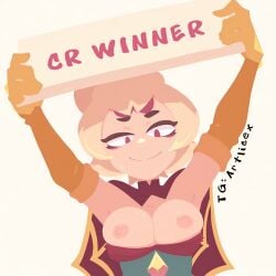 ai_generated bare_shoulders big_breasts blonde_hair bodysuit brawl_stars breasts_out cape champions charlie_(brawl_stars) closed_mouth clothes gloves hairbun holding huge_breasts insecure large_breasts looking_at_viewer nipples raccoon shy simple_background smile spider submissive text texto upper_body white win winner world