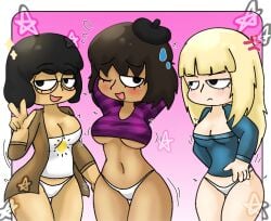 3girls :/ :d anger_vein angry beret black_eyes black_hair blonde_hair blue_sweater breasts brown_hair brown_hoodie cleavage cloey_(cruz4t) cruz4t's_trinity cruz4t_(cruz4t) dark-skinned_female emote fran_(cruz4t) glasses gradient_background ketsumoa_(style) light-skinned_female long_hair looking_at_viewer nec-12 original panties partially_clothed partially_nude peace_sign pink_background posing purple_shirt request requested semi_clothed semi_nude shirt short_hair sparkles striped_shirt sweat underboob underwear white_panties white_shirt white_underwear yuri