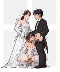 1boy 1femboy 1girls 2025 ai_generated alternate_version_available arms_behind_back armwear balls blush bride chastity_cage civitai corset crossdressing cum cum_in_mouth cum_while_sucking deepthroat fellatio female female_supporting_yaoi femboy femdom feminine_male girly high_heels nipples oral oral_sex penis raconteur222 squatting stockings testicles thighs trap wedding_dress white_armwear white_corset white_stockings