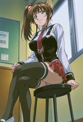 1girls academy_uniform_(bible_black) ai_generated arm_support arms_at_sides art_class artistic bent_knees bible_black big_breasts blush breasts brown_hair classroom convenient_leg crossed_legs curtains curvy faithful_to_the_anime feet feet_out_of_frame female female_only gentle_smile hair_ornament head_tilt high_resolution imari_kurumi indoors keltubs long_hair looking_at_viewer modeling panties pantyshot pantyshot_(sitting) parted_lips pinup ponytail posing posing_for_picture posing_for_the_viewer school school_uniform shimapan shirt side_ponytail skirt smile solo stool striped_panties suspenders teal_eyes teenage_female teenager thick_thighs thighhighs thighs tied_hair toenails vest window zettai_ryouiki