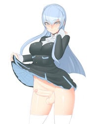 1futa balls blue_eyes blue_hair breasts curvy erection erection_under_clothes erection_under_skirt futa_only futanari intersex kiznaiver large_breasts long_hair looking_at_viewer necrosmos no_panties penis penis_out penis_under_clothes penis_under_skirt precum precum_drip skirt skirt_lift solo sonozaki_noriko thighhighs upskirt