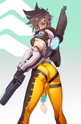 1futa arrow ass balls brown_hair censored cock-tail cum cum_in_bodysuit cum_in_clothes firearm full-package_futanari futa_only futanari gun hair handgun highres intersex looking_at_viewer looking_back overwatch pants penis penis_in_bodysuit pistol short_hair solo testicles tight_pants tomoyuki_kotani tracer weapon