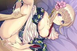 1boy artist_request bed bergenia_(flower_knight_girl) blonde_hair breasts breasts_out censored collarbone expressionless female flower flower_knight_girl game_cg hair_flower hair_ornament leg_grab male missionary mosaic_censoring nipples official_art penetration penis pillow purple_eyes pussy sex shiny shiny_skin short_hair solo_focus spread_legs straight vaginal_penetration