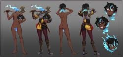 artist_name ass axe barefoot black_shorts boobplate boots breasts brown_boots brown_gloves brown_hair completely_nude d-rex dullahan fangs female full_body futanari gloves gradient_background green_eyes green_hair grey_background highres holding holding_axe holding_weapon multicolored_hair navel nipples nude original penis short_hair shorts small_breasts standing teeth two-tone_hair weapon white_eyes yellow_shorts