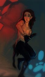 1girls blue_eyes bodysuit breasts caught female female_only human human_only idioluck light-skinned_female light_skin marvel mask mayday_parker nipples red_hair solo spider-girl spider-man_(series) stripping topless unzipped