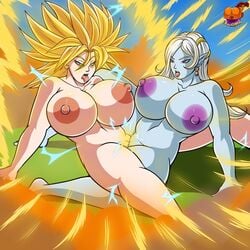 1girls 2girls aura barefoot big_breasts blue_skin demon_girl demonroyal dragon_ball dragon_ball_xenoverse electricity female huge_ass huge_breasts humanoid interspecies light-skinned_female light_skin long_hair multiple_girls muscular_female original_character pointy_ears purple_nipples saiyan super_saiyan super_saiyan_2 thick_thighs towa tribadism xenoverse_protagonist yuri