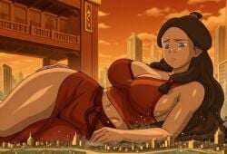 1girls ai_generated avatar_the_last_airbender big_breasts breasts city clothed clothed_female dark-skinned_female dark_skin female female_focus female_only fire_nation fire_nation_clothing giantess giga_giantess katara large_boobs large_breasts memesrus1234 nickelodeon nicktoons solo solo_female solo_focus thick_thighs thighs