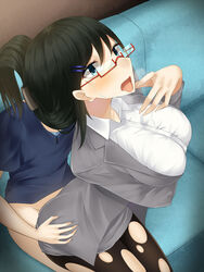 black_hair blouse blue_eyes blush bottomless breast_hold breasts business_suit business_woman clothed_sex collared_shirt couch crying dress_shirt eyebrows eyebrows_visible_through_hair female glasses grey_skirt hair_up hairclip heavy_breathing highres indoors kurasaki_aya large_breasts legs long_hair looking_up mole office_lady open_mouth original osananajimi_na_fuyuka-chan_wa_motto_shounen_ni_kamatte_hoshii_you_desu pantyhose pencil_skirt pointy_chin red-framed_glasses semi-rimless_glasses sitting sitting_on_person skirt solo_focus suit tears thighs torn_pantyhose white_blouse white_shirt