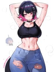 1girls armpits ass big_ass big_breasts big_thighs black_hair breasts ellen_joe female huge_ass huge_thighs jeans looking_at_viewer multicolored_hair pink_hair qiandaiyiyu shark shark_girl shark_tail sharp_teeth sweat sweatdrop sweating sweaty sweaty_body tank_top thick_thighs thighs wet wet_body wet_skin white_background zenless_zone_zero