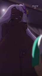 big_clitoris black_areola clitoral_hood clitoris cunnilingus curly_hair dark-skinned_female greatm8 green_hair harujio_(pokemon) imminent_cunnilingus jacinthe_(pokemon) lebanne_(pokemon) light-skinned_female maid maid_headdress master pink_eyebrows pink_hair pokemon pokemon_legends:_z-a pokemon_za purple_bow purple_eyes shaved_crotch small_breasts smug_face tagme yukari_(pokemon) yuri