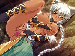 animal_ears areolae bare_shoulders black_legwear black_socks blush bracelet braid breast_grab breast_lift breasts brigitte_rapidfang censored clothing dark-skinned_female dark_skin female female_only game_cg green_eyes jewelry large_breasts long_hair looking_at_viewer lying midriff monster_girl navel nipples official_art on_back parted_lips pussy single_earring sitting smile socks solo spread_legs spread_pussy tattoo tied_hair venus_blood venus_blood:_chimera very_long_hair white_hair wolf_ears