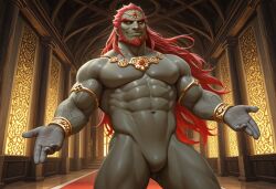ai_generated bara barazoku beard cowboy_shot facial_hair featureless_chest featureless_crotch ganondorf golden_jewelry jewelry long_hair long_hair_male mature_male muscular_male no_genitals no_nipples no_penis nude null red_hair smile the_legend_of_zelda