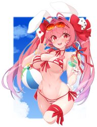 1girls :d animal_ears antenna_hair ball bare_shoulders beachball bendy_straw bikini blue_sky bottle bow breasts cloud cropped_legs day di_gi_charat dice_hair_ornament drinking_straw eyewear_on_head groin hair_between_eyes hair_intakes hair_ornament hairbow hands_up highres holding holding_bottle large_breasts long_hair looking_at_viewer navel pink_hair rabbit_ears red-tinted_eyewear red_bow red_eyes rikumaru sky smile solo striped_bikini striped_clothes sunglasses sweat swimsuit tinted_eyewear twintails usada_hikaru very_long_hair