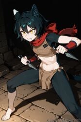 1boy ai_generated animal_ears barefoot black_fur black_hair bracers bulge cat_ears cat_tail clenched_teeth delicious_in_dungeon dual_wielding dungeon_meshi femboy fighting_stance genderswap_(ftm) hair_between_eyes holding holding_weapon izutsumi kunai loincloth male midriff navel red_scarf rule_63 scarf short_hair slit_pupils solo standing tail teeth tehmar toenails trans_woman transfem trap weapon yellow_eyes