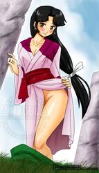 1girls ass_peek black_hair blush brown_eyes cleavage clothed clothes clothes_on_floor female grass inuyasha japanese_clothes john_joseco kimono long_hair low-tied_long_hair no_underwear outside sango sky solo standing tied_hair undressing watermark