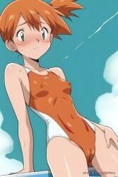 blushing cameltoe erect_nipples gym_leader kasumi_(pokemon) misty_(pokemon) pokemon pokemon_trainer poolside small_breasts swimsuit