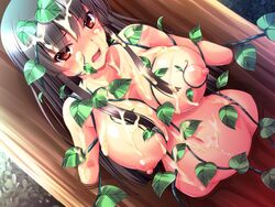 areolae black_hair blush breast_grab breasts brown_eyes collarbone dutch_angle female game_cg jk_miko_hime_ishukan_jutai large_breasts leaves long_hair looking_at_viewer navel nipples nude open_mouth plant puffy_nipples restrained shion_mizuki solo tongue zion_(company)