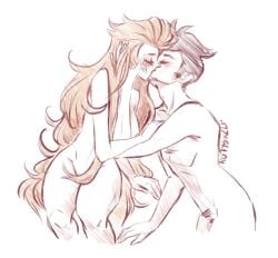 adam_(hazbin_hotel) blonde_hair breasts brown_hair closed_eyes duo female hair hazbin_hotel human kissing kotyskelp lilith_morningstar_(hazbin_hotel) love male male/female nipples nude pubes romantic romantic_couple simple_background straight thick_thighs wholesome