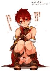 alexander_(fate/grand_order) blush breath censored fate/grand_order fate_(series) femboy fingerless_gloves flashing gloves highres male nipples partially_translated penis precum red_eyes red_hair sandals smirk solo squatting testicles text translation_request trap z-ton