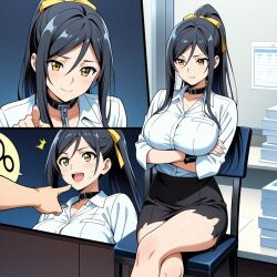 ai_generated aikawa_shuuko big_breasts black_hair crossed_legs ecstas_online golden_eyes office office_lady ponytail