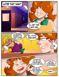 1boy1girl annoyed artlaccer_(artist) breasts brown_hair clothing comic duo english_text facial_hair fat fat_man female fully_clothed green_shoes grin hat human indoors large_breasts light-skinned_female light-skinned_male light_skin locker_room looking_at_another lying_on_side mario_(series) mario_tennis nintendo obese obese_male open_mouth overweight overweight_male princess princess_daisy royalty satisfied satisfied_look wario white_gloves