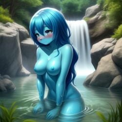 ai_generated atlantia_(soupistgae) blue_body blue_hair blue_hair_female blue_skin breasts cute female_only frosting.ai grass naiad nereid no_sex nude nude_female nymph oc water waterfall