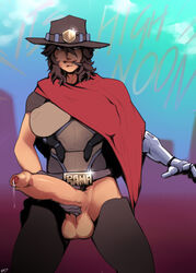 1futa balls big_breasts breasts cole_cassidy cowboy_hat erection foreskin futa_only futanari futanarization huge_cock intersex jesse_mccree large_breasts large_penis mccree overwatch partially_retracted_foreskin penis r4 rule_63 solo testicles uncut