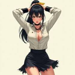 ai_generated aikawa_shuuko big_breasts black_hair chains ecstas_online golden_eyes office_lady ponytail