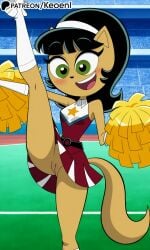 1furry 1girls accurate_art_style ai_generated anthro bangs big_breasts blush bottomless_female bottomless_skirt cat_ears cat_tail catgirl cheerleader cheerleader_uniform feline female freckles furry green_eyes happy hi_res hourglass_figure keoenl kitty_katswell legs_up medium_breasts nickelodeon nicktoons patreon_username pom_poms ponytail public public_nudity pussy pussy_lips pussy_peek skirt socks t.u.f.f._puppy tail teeth